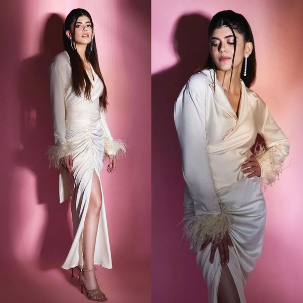 ankle length sheath lapel prom dresses for women modern feather long sleeves side slit pleats long satin evening gowns elegant formal party, Black
ankle length sheath lapel prom dresses for women modern feather long sleeves side slit pleats long satin evening gowns elegant formal party, Black