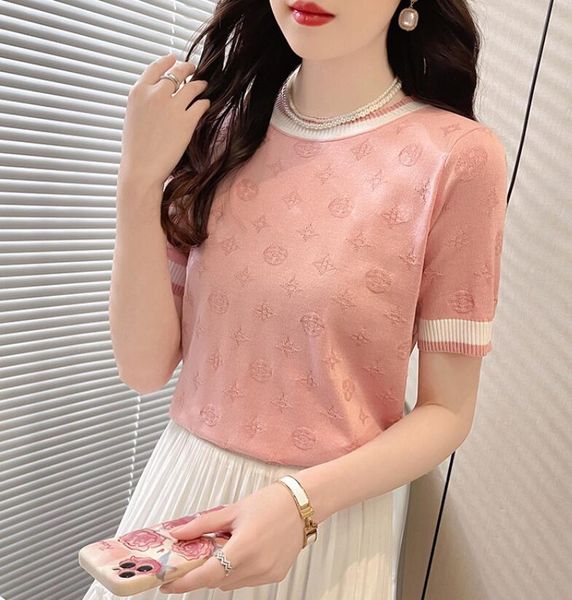 women's knits tees 2023 round neck loose pullover ice silk t-shirt women's summer jacquard ice silk sweater, White
women's knits tees 2023 round neck loose pullover ice silk t-shirt women's summer jacquard ice silk sweater, White