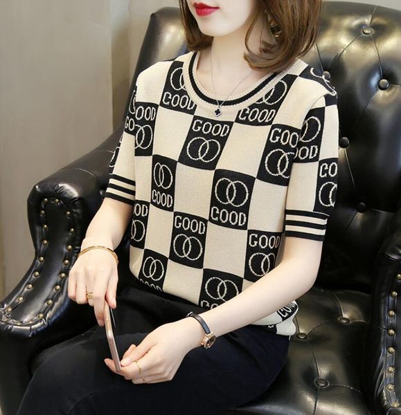 women's knits tees 2023 new summer short-sleeved sweater ice silk t-shirt round neck loose top, White
women's knits tees 2023 new summer short-sleeved sweater ice silk t-shirt round neck loose top, White