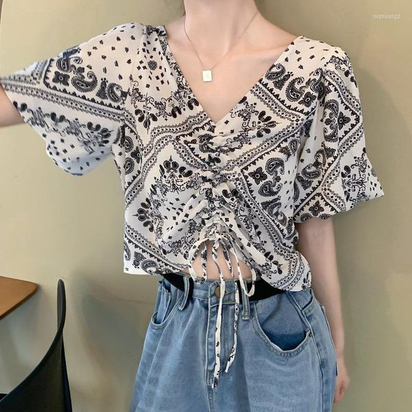 women's blouses korean style aesthetic clothing beautiful summer print drawstring design short sleeve v neck leaky navel shirt, White
women's blouses korean style aesthetic clothing beautiful summer print drawstring design short sleeve v neck leaky navel shirt, White