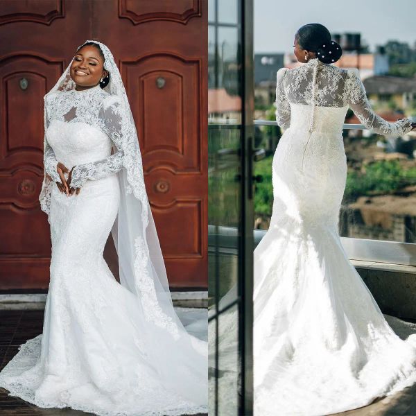 2023 mermaid wedding dresses bridal gown with detachable train lace applique high neck long sleeves tulle custom made country plus size vest, White
2023 mermaid wedding dresses bridal gown with detachable train lace applique high neck long sleeves tulle custom made country plus size vest, White