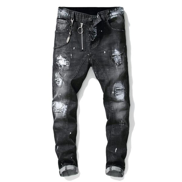 men's hight street ripped painted jeans pants with holes streetwear distressed denim trousers black printed jeans208n, Blue
men's hight street ripped painted jeans pants with holes streetwear distressed denim trousers black printed jeans208n, Blue