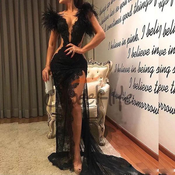 africa deep v neck feather evening dress black lace split mermaid evening gowns woman formal dresses, Black;red
africa deep v neck feather evening dress black lace split mermaid evening gowns woman formal dresses, Black;red