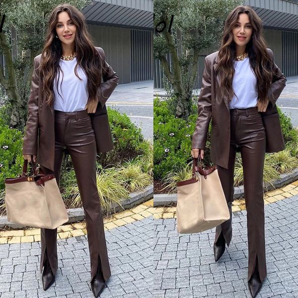 women s suits blazers leather brown 2 pieces slit pu pants streetwear casual daily jacket single breasted chic custom made 230228, White;black
women s suits blazers leather brown 2 pieces slit pu pants streetwear casual daily jacket single breasted chic custom made 230228, White;black
