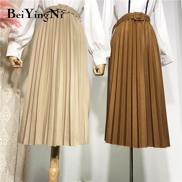 

skirts beiyingni high waist women skirt casual vintage solid belted pleated midi skirts lady 11 colors fashion simple saia mujer faldas 2303, Black
