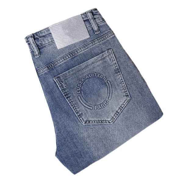 men's jeans spring summer thin denim slim fit european american high-end brand small straight pants xw2076-2, Blue 
men's jeans spring summer thin denim slim fit european american high-end brand small straight pants xw2076-2, Blue