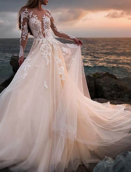 beach wedding dress 2023 a-line long sleeve jewel neck lace appliques see-through bridal gowns summer boho robe de mariage, White
beach wedding dress 2023 a-line long sleeve jewel neck lace appliques see-through bridal gowns summer boho robe de mariage, White