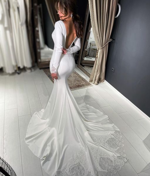 satin wedding dress for women 2023 elegant long sleeves o-neck mermaid bridal gown backless simple robe de mariee, White
satin wedding dress for women 2023 elegant long sleeves o-neck mermaid bridal gown backless simple robe de mariee, White