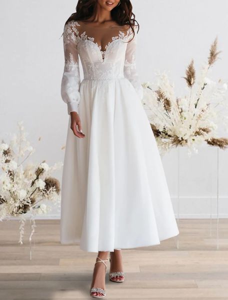 wedding dress 2023 ankle length a-line long sleeve illusion neck appliques lace bridal gowns summer boho robe de mariage, White
wedding dress 2023 ankle length a-line long sleeve illusion neck appliques lace bridal gowns summer boho robe de mariage, White