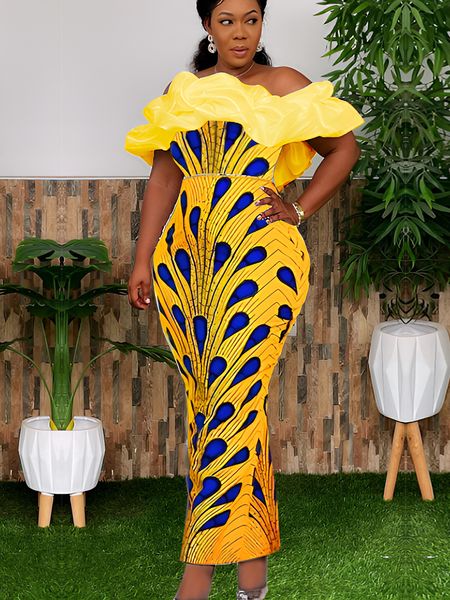 casual dresses yellow peacock print dress for women off shoulder high waist long robes sleeveless printing event birthday cocktail party 230, Black;gray