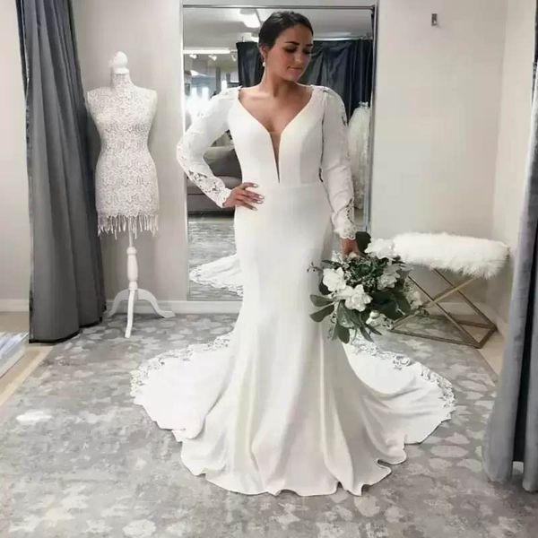 new arrival deep v neck sheer mermaid wedding dresses with long lace train satin bridal dress long sleeve wedding gown, White
new arrival deep v neck sheer mermaid wedding dresses with long lace train satin bridal dress long sleeve wedding gown, White
