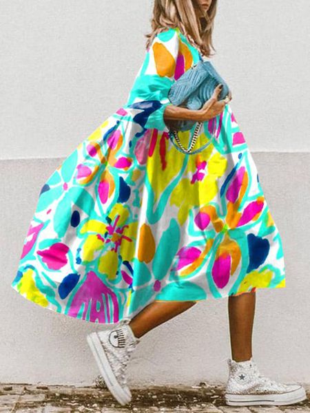 casual dresses women fashion o neck loose office party elegant floral printed a-line half sleeved boho beach vestidos 230302, Black;gray 
casual dresses women fashion o neck loose office party elegant floral printed a-line half sleeved boho beach vestidos 230302, Black;gray