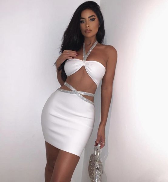 two piece dress women summer backless halter crystal diamonds white black bandage set celebrity evening party womens 230302
two piece dress women summer backless halter crystal diamonds white black bandage set celebrity evening party womens 230302