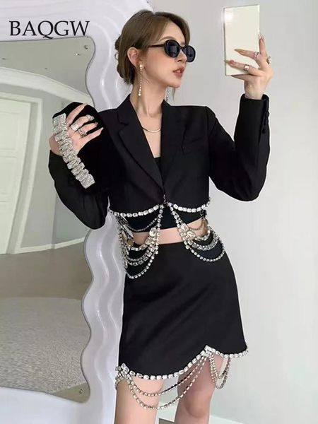 two piece dress rhinestoned patchwork 2 pieces suit gorgeous crystal chain design turndown collar celebrity party club crop mini skirt set, White
two piece dress rhinestoned patchwork 2 pieces suit gorgeous crystal chain design turndown collar celebrity party club crop mini skirt set, White