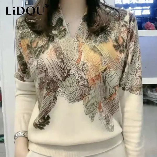women's sweaters autumn winter landscape printing diamonds elegant fashion sweater ladies 6xl loose casual all-match pullover knitting, White;black 
women's sweaters autumn winter landscape printing diamonds elegant fashion sweater ladies 6xl loose casual all-match pullover knitting, White;black