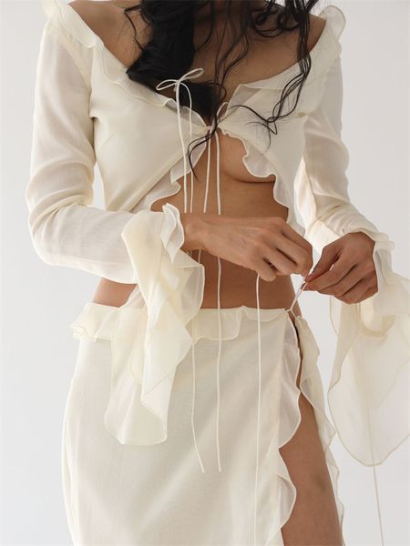 two piece dress 2 set women long sleeve v neck tie up crop ruffle trim irregular slit skirts y2k fairycore summer skirt outfit 230302, White
two piece dress 2 set women long sleeve v neck tie up crop ruffle trim irregular slit skirts y2k fairycore summer skirt outfit 230302, White