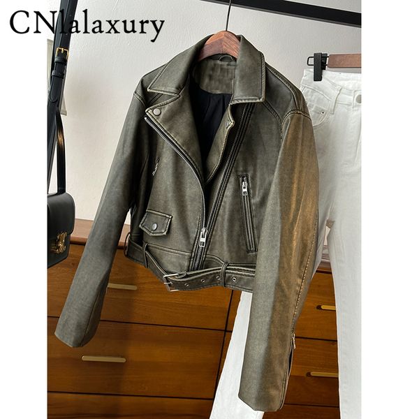 womens jackets cnlalaxury women leather lapel belt jacket coat long sleeve zipper pockets lady fashion motorcycle short 230302, Black;brown