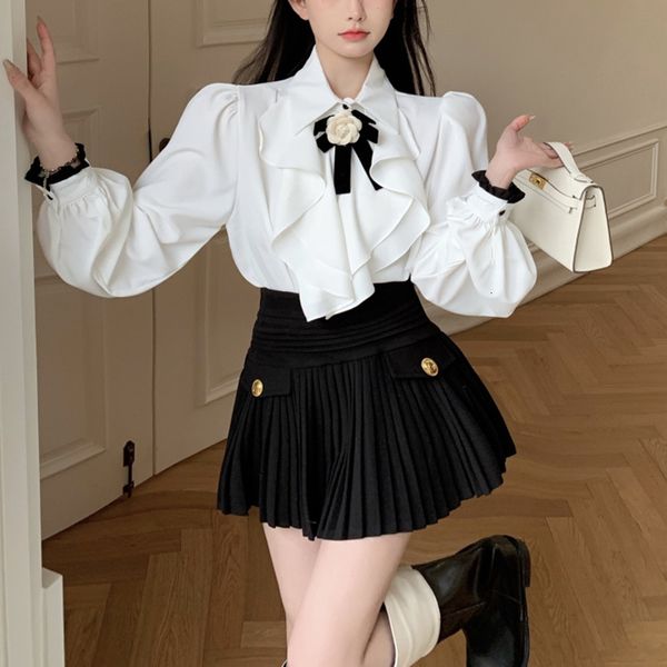 two piece dress womans spring korean fashion bow ruffled puff sleeves sweet white shirt high waist mini pleated skirt 230302
two piece dress womans spring korean fashion bow ruffled puff sleeves sweet white shirt high waist mini pleated skirt 230302