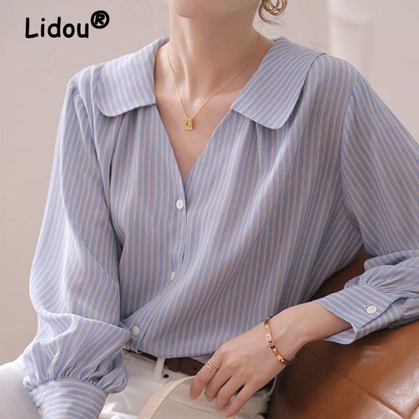 women's blouses shirts spring summer fashion design blue striped blouse long sleeve v-neck loose casual shirt korean style office lady, White
women's blouses shirts spring summer fashion design blue striped blouse long sleeve v-neck loose casual shirt korean style office lady, White
