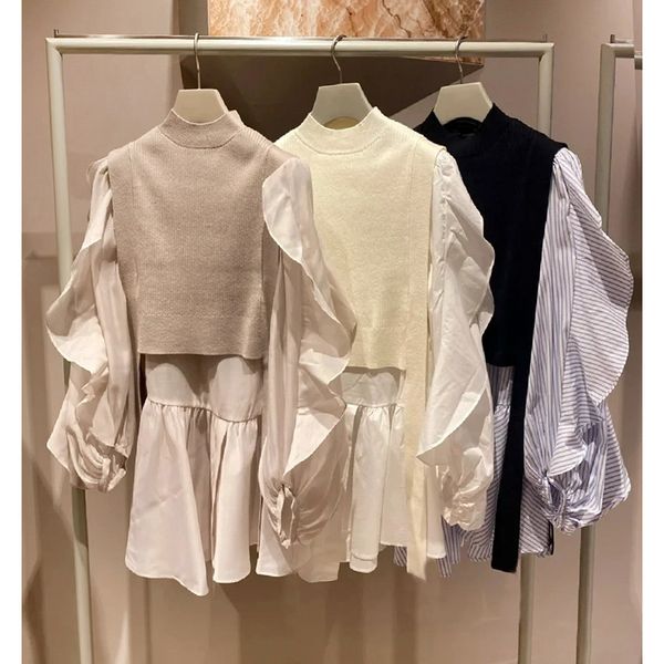 two piece dress kuzuwata japan sweet 2 pcs sets women outfits oneck sleeveless knitted vests ruffles patchwork butterfly sleeve blouse 23030, White
two piece dress kuzuwata japan sweet 2 pcs sets women outfits oneck sleeveless knitted vests ruffles patchwork butterfly sleeve blouse 23030, White