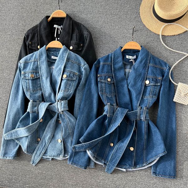 womens jackets autumn korean version of the belt waist thin lotus leaf edge vneck doublebreasted denim jacket 230302, Black;brown
womens jackets autumn korean version of the belt waist thin lotus leaf edge vneck doublebreasted denim jacket 230302, Black;brown
