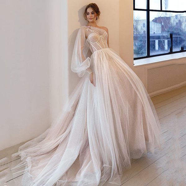 2023 boho champagne wedding dress tulle lace appliques sequined tulle one shoulder a-line bridal gowns sweep train vestidos de noiva, White
2023 boho champagne wedding dress tulle lace appliques sequined tulle one shoulder a-line bridal gowns sweep train vestidos de noiva, White