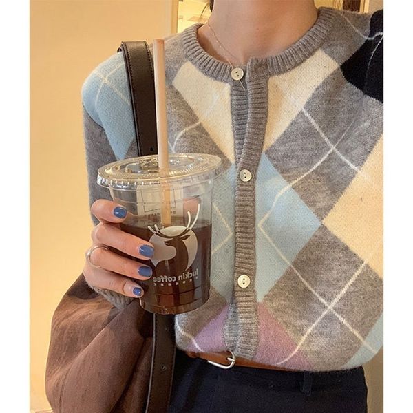 women's knits tees autumn and winter fashion ladies knitted cardigan loose korean retro round neck plaid sweater women's all-match, White
women's knits tees autumn and winter fashion ladies knitted cardigan loose korean retro round neck plaid sweater women's all-match, White