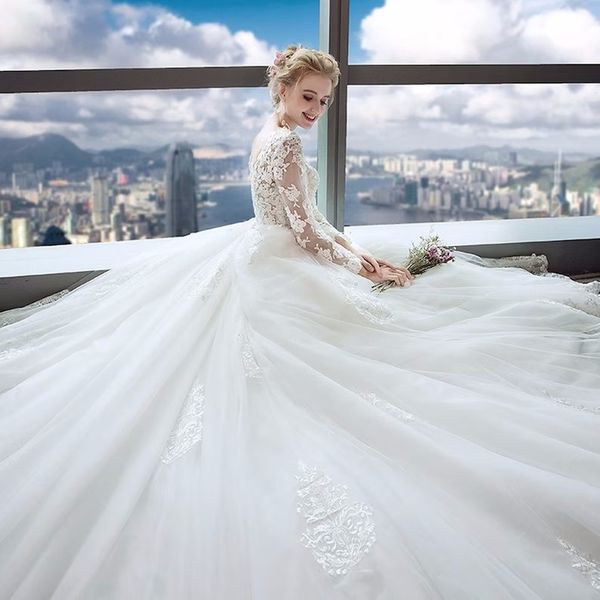 beautiful dress mariage o-neck lace up back appliques beading sequins princess ball gown wedding dress with chapel train, White
beautiful dress mariage o-neck lace up back appliques beading sequins princess ball gown wedding dress with chapel train, White