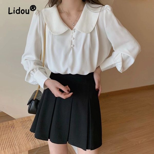 women's blouses shirts summer pleated button personality blouse women classic long sleeve peter pan collar all-match chiffon pullover s, White
women's blouses shirts summer pleated button personality blouse women classic long sleeve peter pan collar all-match chiffon pullover s, White
