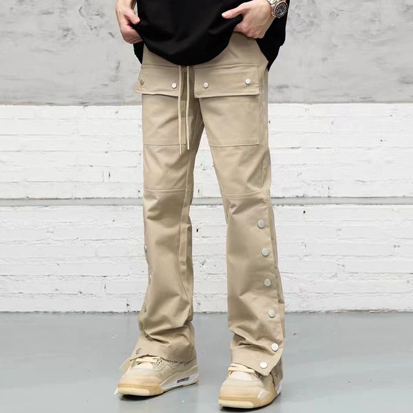 button pockets drawstring cargo pants men's straight solid color streetwear baggy casual overalls trousers, Black;brown
button pockets drawstring cargo pants men's straight solid color streetwear baggy casual overalls trousers, Black;brown
