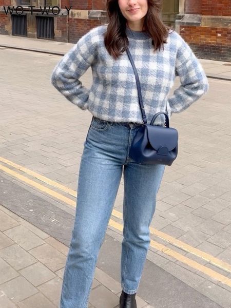 women's sweaters wotwoy vintage loose knitted plaid sweaters women autumn long sleeve checkerboard pullovers female casual blue jumpers, White;black
women's sweaters wotwoy vintage loose knitted plaid sweaters women autumn long sleeve checkerboard pullovers female casual blue jumpers, White;black