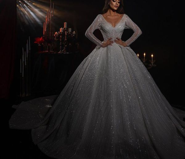 sparkly ball gown wedding dresses v neck long sleeves 3d lace sequins appliques floor length beaded ruffles diamonds formal dresses gowns br, White
sparkly ball gown wedding dresses v neck long sleeves 3d lace sequins appliques floor length beaded ruffles diamonds formal dresses gowns br, White