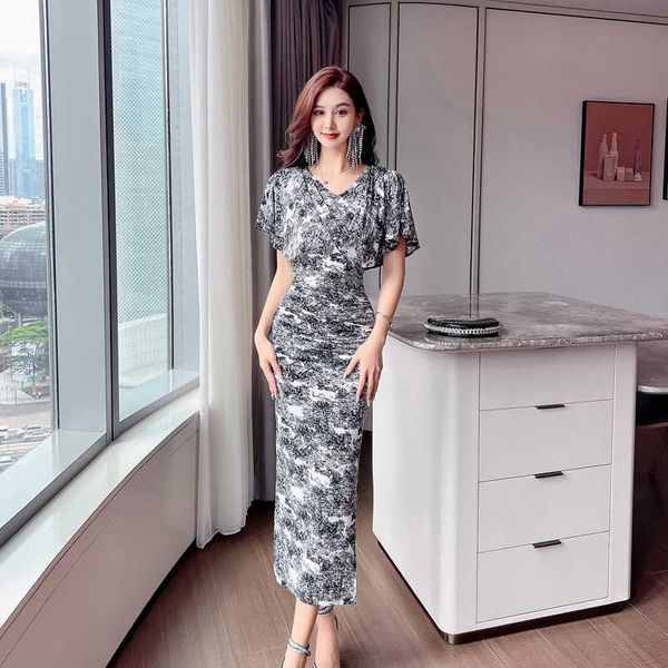 women's clothing runway dresses 2023 summer temperament premium v-neck ruffle sleev slim women's dresses, Black;gray