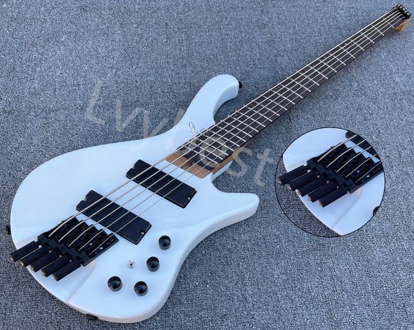 eelctric bass guitar 5 strings solid white color high glossy black parts with fan frets and dots inlay bottom truss rod hole
eelctric bass guitar 5 strings solid white color high glossy black parts with fan frets and dots inlay bottom truss rod hole