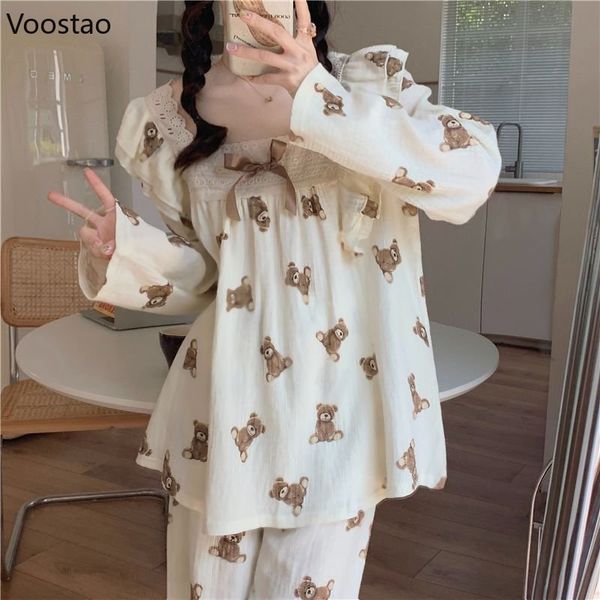 women's sleepwear cute pajamas women japanese sweet room wear lace ruffles kawaii bear print 2 piece set spring autumn casual sleepwear, Black;red
women's sleepwear cute pajamas women japanese sweet room wear lace ruffles kawaii bear print 2 piece set spring autumn casual sleepwear, Black;red