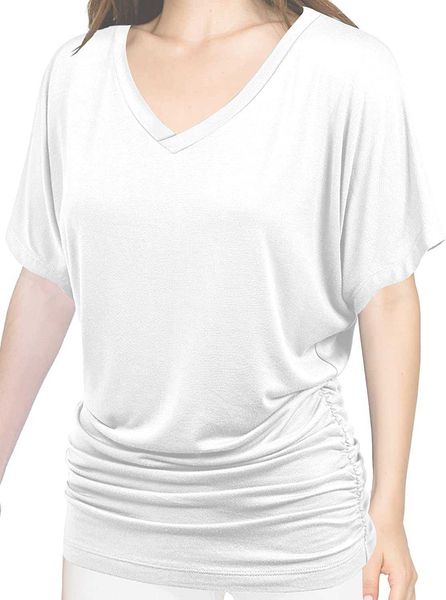 women's clothes women cotton blouse t-shirt solid short sleeve v-neck with side shirring plusmpt7, White
women's clothes women cotton blouse t-shirt solid short sleeve v-neck with side shirring plusmpt7, White