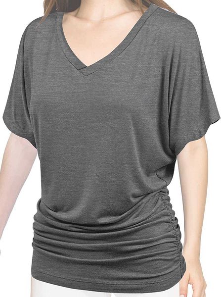 women's clothes women cotton blouse t-shirt solid short sleeve v-neck with side shirring plusehez, White
women's clothes women cotton blouse t-shirt solid short sleeve v-neck with side shirring plusehez, White
