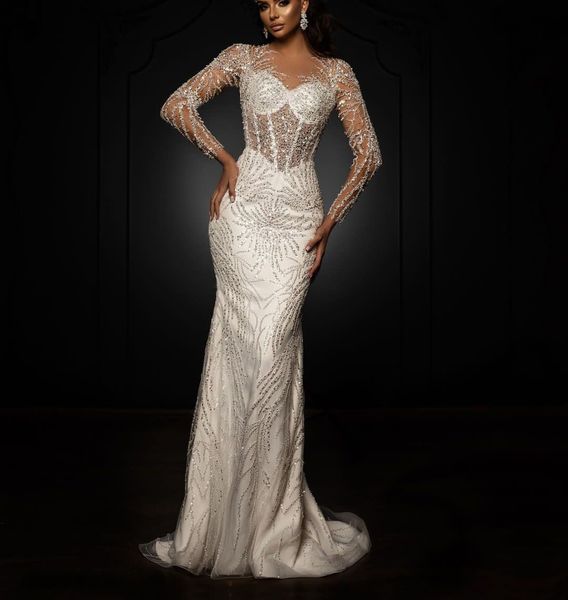 sparkly mermaid wedding dresses long sleeves v neck 3d lace satin hollow beaded sequins appliques diamonds buttons bridal gowns plus size ve, White
sparkly mermaid wedding dresses long sleeves v neck 3d lace satin hollow beaded sequins appliques diamonds buttons bridal gowns plus size ve, White