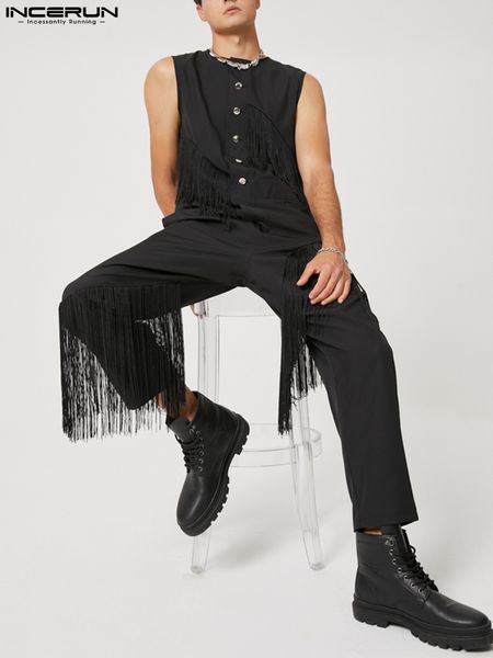 men's pants jumpsuits tassel patchwork sleeveless streetwear button casual rompers 2023 personality fashion overalls incerun s5xl 23030, Black
men's pants jumpsuits tassel patchwork sleeveless streetwear button casual rompers 2023 personality fashion overalls incerun s5xl 23030, Black