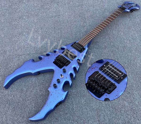 electric guitar silver blue blood effect satin finished black parts floyd rose style tremolo v shape red dots inlay
electric guitar silver blue blood effect satin finished black parts floyd rose style tremolo v shape red dots inlay