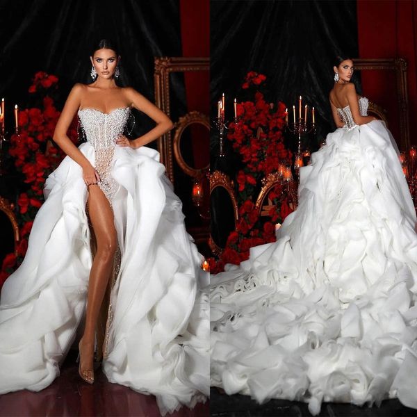 exquisite pleat mermaid wedding dresses with pearls sweetheart new side high split backless ball gown brush train robe de vestido, White
exquisite pleat mermaid wedding dresses with pearls sweetheart new side high split backless ball gown brush train robe de vestido, White