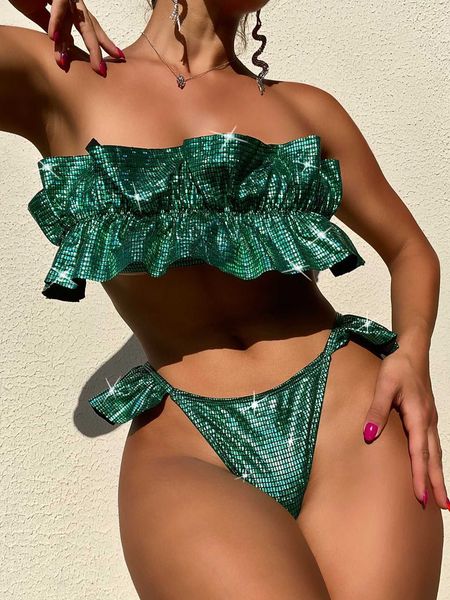 bikini bandeau women swimsuit 2023 brazilian biquini ruffle female swimwear sparkling swimming suit beachwear bikini set