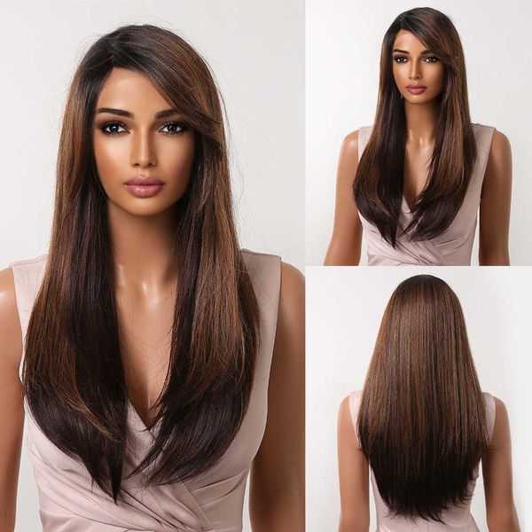 synthetic wigs easihair lace front synthetic wigs brown long straight frontal wig for women high density heat resistant cosplay 230227, Black
