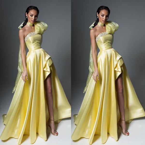 new yellow strapleless evening dress a line shape side high split fashion elegant luxury prom party gowns, Black;red
new yellow strapleless evening dress a line shape side high split fashion elegant luxury prom party gowns, Black;red