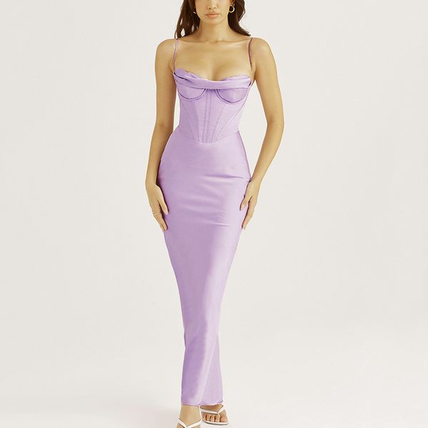 

Satin Sexy Backless Maxi Dress For Women Robe Fashion Spaghetti Strap Sleeveless Skinny Party Long Dress Vestido, Lavender