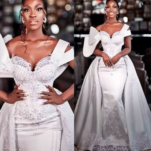 2023 designer mermaid wedding dresses bridal gown lace applique beaded overskirt sleeveless sweep train tulle custom made country plus size, White
2023 designer mermaid wedding dresses bridal gown lace applique beaded overskirt sleeveless sweep train tulle custom made country plus size, White