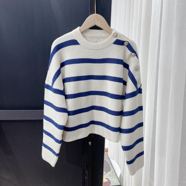 women's sweaters french blue striped knitted 2023 early autumn navy style button embellishment loose round neck casual sweater, White;black
women's sweaters french blue striped knitted 2023 early autumn navy style button embellishment loose round neck casual sweater, White;black
