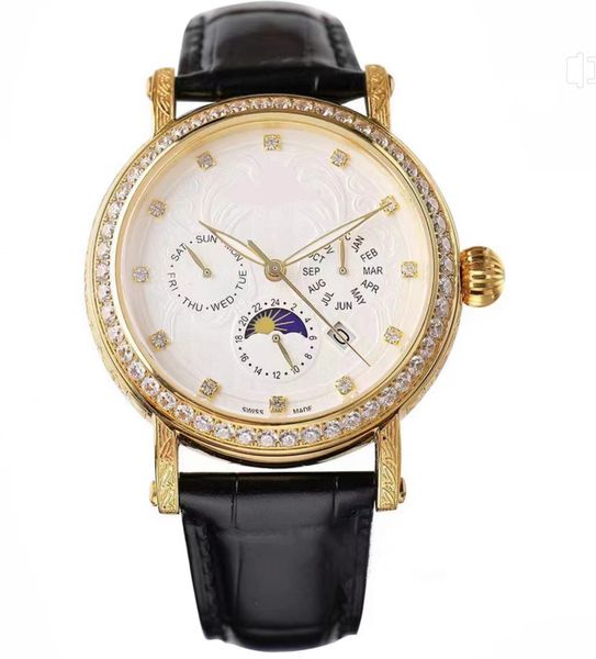men's watch 42mm yellow gold engraved dial diamond carrying super movement six-pin multi-function fully automatic winding high-quality, Slivery;brown
men's watch 42mm yellow gold engraved dial diamond carrying super movement six-pin multi-function fully automatic winding high-quality, Slivery;brown