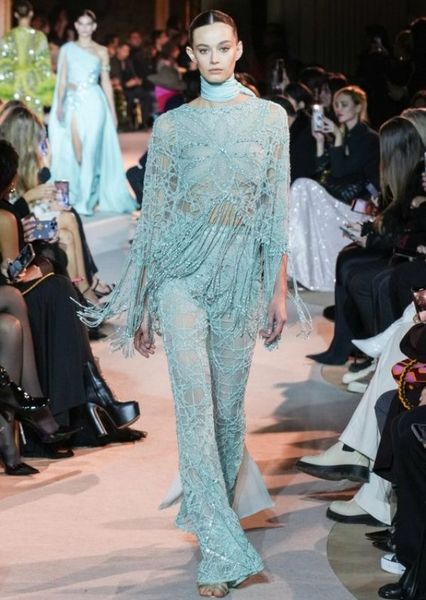 zuhair murad evening dress lake blue wear a long-sleeved shirt and trousers with beads of the same color., Black;pink