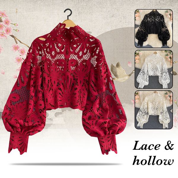 women s blouses shirt sweet lace hollow spring autumn office lady elegant puff sleeve stand collar chic floral 230303, White
women s blouses shirt sweet lace hollow spring autumn office lady elegant puff sleeve stand collar chic floral 230303, White